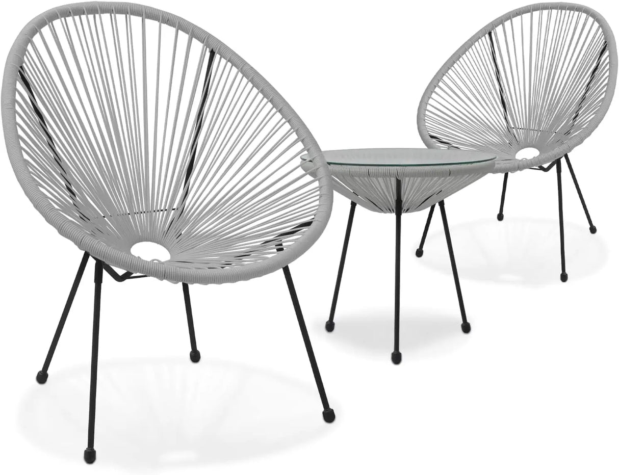 3-Piece Outdoor Chair Set - Glass Top Table, Woven PE Rope, Modern Bistro Set for Patio, Garden