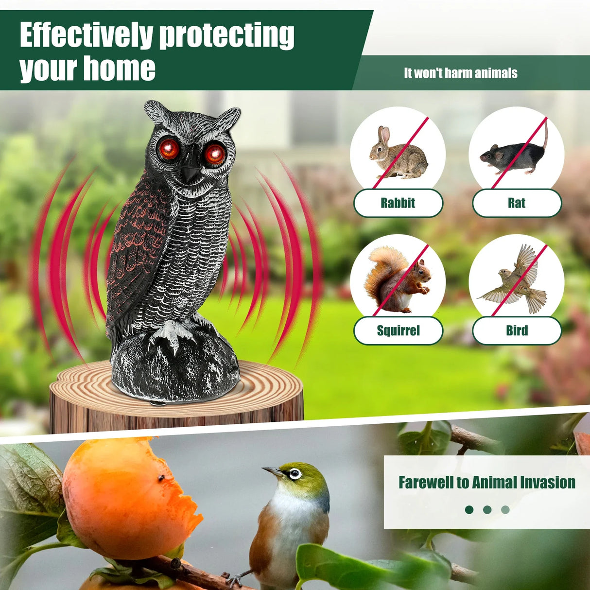 Owl Bird Repellent 360° Rotating Head Realistic Owl Statue Scarecrow Flashing Eyes Scary Sound Garden Bird Repellent Decoration