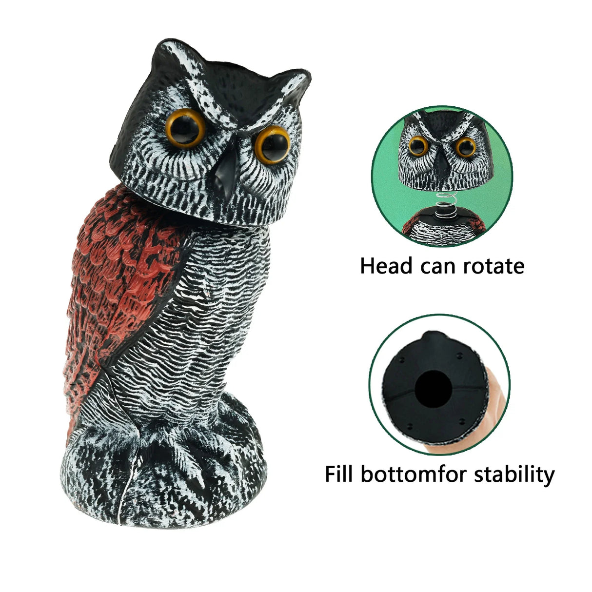 Owl Bird Repellent 360° Rotating Head Realistic Owl Statue Scarecrow Flashing Eyes Scary Sound Garden Bird Repellent Decoration