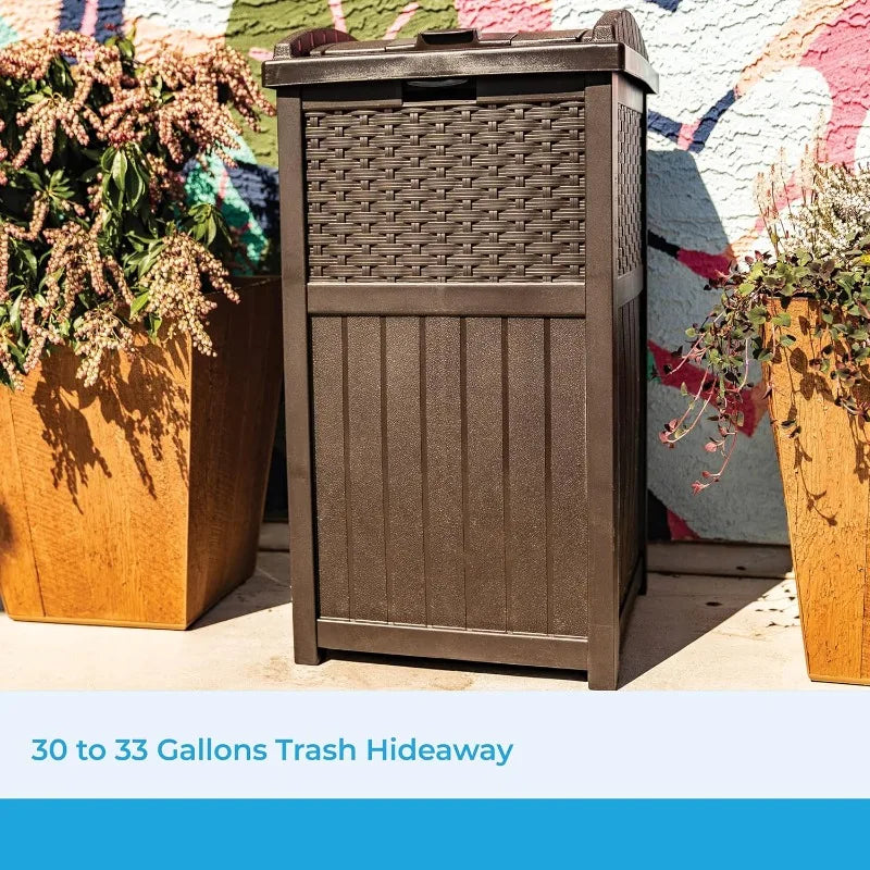 Trashcan Hideaway with Lid for 30 to 33 Gallon Trash Bags for Garage, Backyard, or Garden, Brown, Made