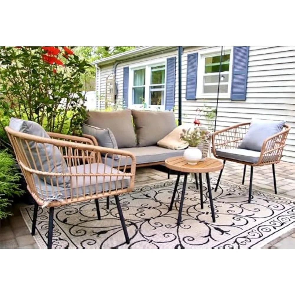 4 Pieces Patio Furniture Set, Outdoor Wicker Patio Conversation Set, All-Weather Rattan Bistro Set with Loveseat Chairs Table S