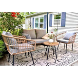4 Pieces Patio Furniture Set, Outdoor Wicker Patio Conversation Set, All-Weather Rattan Bistro Set with Loveseat Chairs Table S