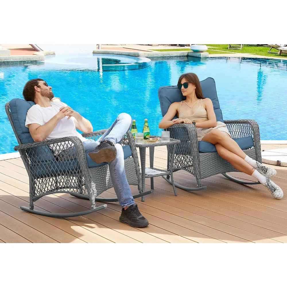 3 Piece Patio Set Rocking, with 2 Rockers and 1 Side Table with 4‘’ Thick Cushions, Rattan Outdoor Rocking Patio Bistro Set