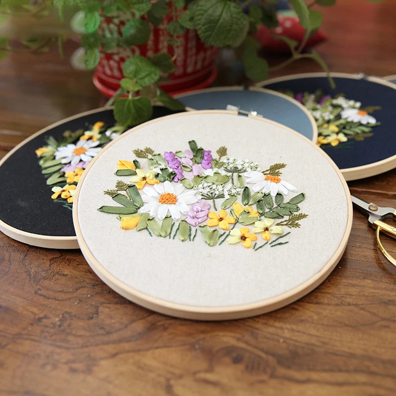Ribbon Embroidery Stitch Practice Kit Embroidery Kit for Adult Beginners, Include Embroidery Cloth Threads for Craft Lover