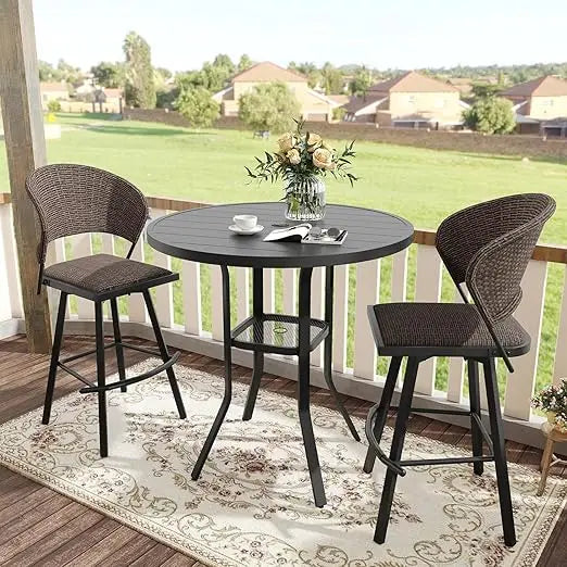 3 Pieces Patio Bar Set for Lawn Garden, 35.5" Bar Height Metal Round Table and 2 Wicker Outdoor Swivel Outdoor Bar Stools, Blac
