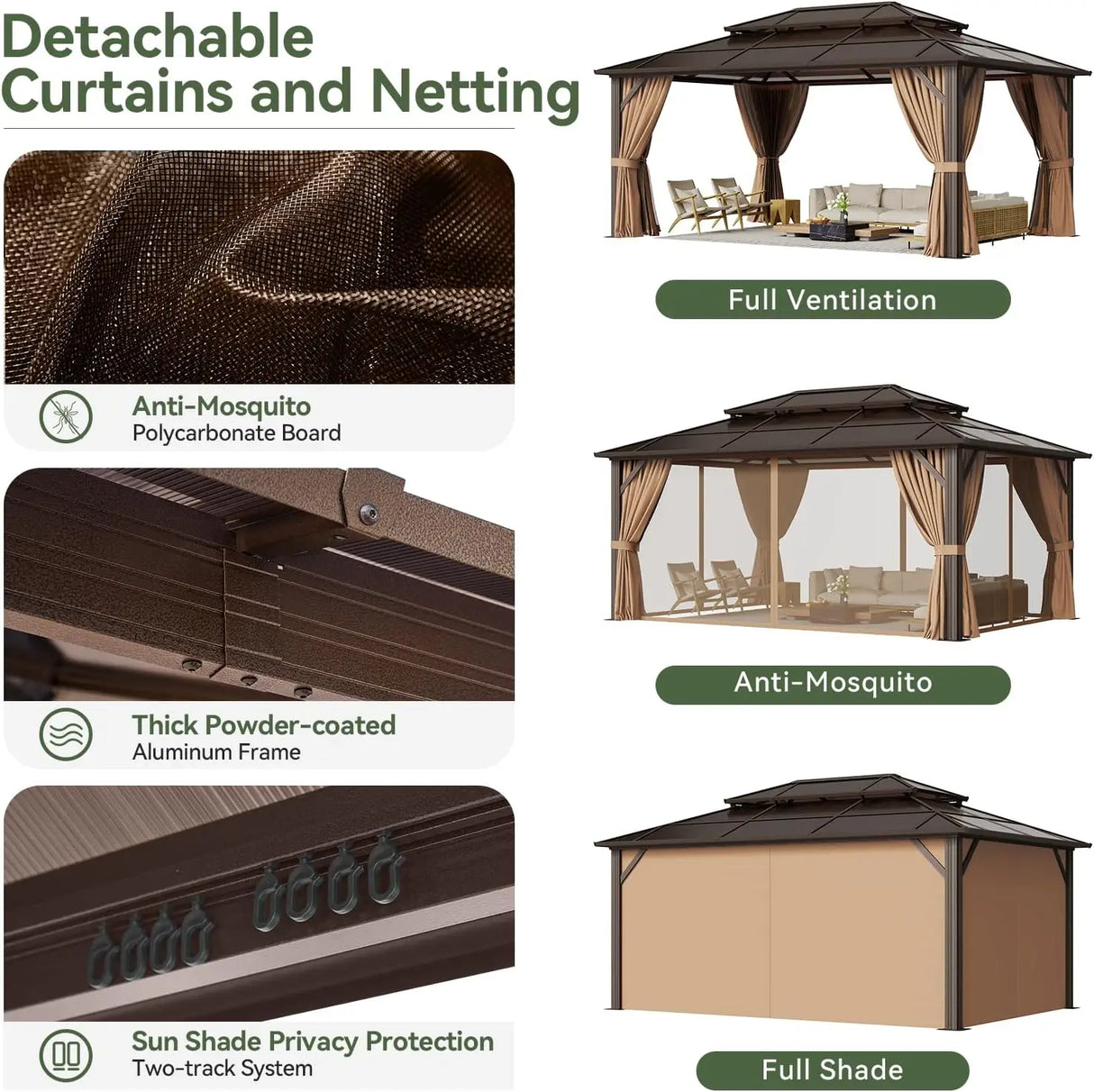 12'x16' Hardtop Gazebo, Aluminum Frame Permanent Pavilion with Curtains and Netting