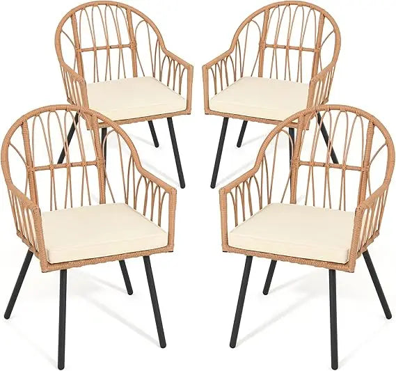 4 Pieces Rattan Wicker Dinning Chairs, Outdoor Indoor Patio Furniture Set with Cushion and Curved Back All Weather Bistro Chair