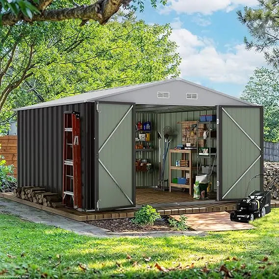 10 x 10 FT Outdoor Storage Shed, Metal Garden Sheds & Outdoor Storage Clearance, Large Tool Shed Outdoor with Single Lockable D