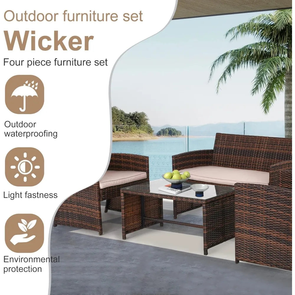 4 Pieces Outdoor Patio Furniture Sets Rattan Chair Patio Set Wicker Conversation Set Poolside Lawn Chairs Porch Poolside Balcony